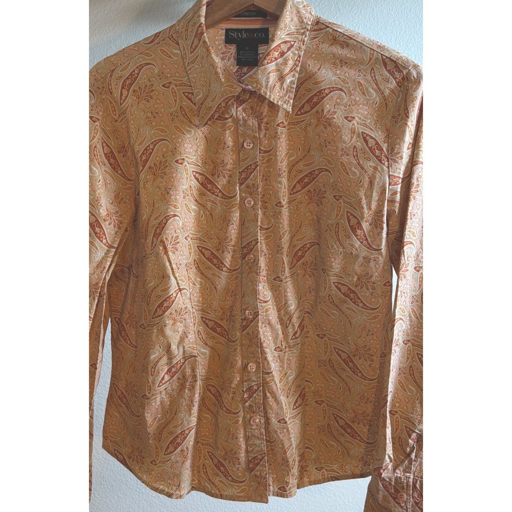 Style & Co. Women's 12 Orange Peach Paisley Long Sleeve Stretch Button Shirt